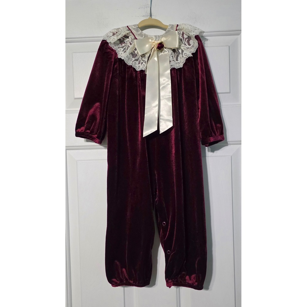 Rare Editions Vintage Burgundy Velvet Lace Collar Jumpsuit Holiday 3T USA Made